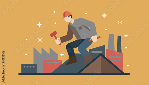 Construction worker on a roof with a hammer industry and manufacturing vector illustration