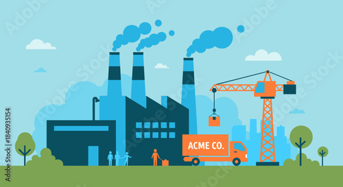 Factory complex with crane and truck Industrial manufacturing logistics and supply chain illustration