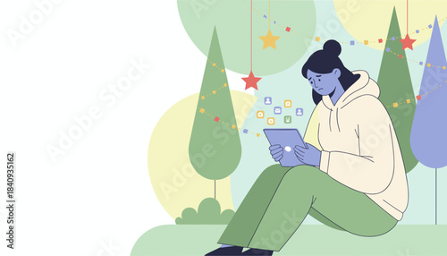 Sad young woman struggles with social media pressure and digital loneliness during the festive season