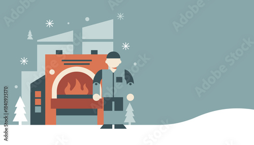 Utility worker ensuring heat output from an industrial furnace during winter cold Flat vector illustration