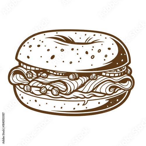 Delicious vintage sketch of a gourmet bagel sandwich with fresh ingredients