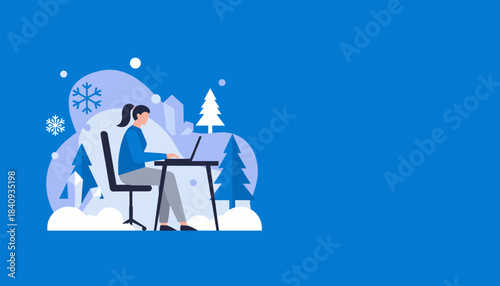 Professional woman working on laptop in a modern winter scene Business technology remote work