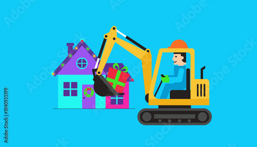 Excavator delivering a Christmas present to a festive decorated house Holiday vector illustration