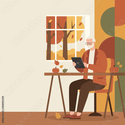 Senior man uses a tablet for work or leisure at home during a cozy autumn day
