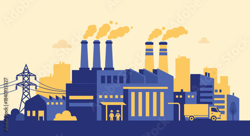Flat vector illustration of an industrial factory complex power tower and delivery truck in a city skyline