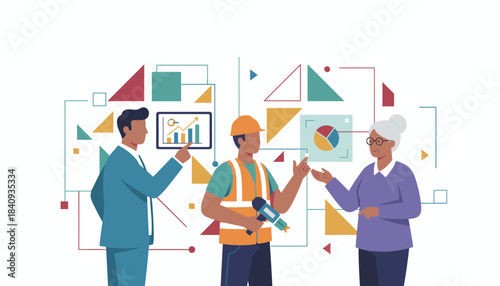 Diverse team discusses project strategy and financial data representing collaboration and innovation