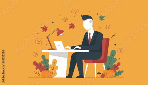 Businessman working at an office desk surrounded by autumn leaves and pumpkins Fall productivity concept