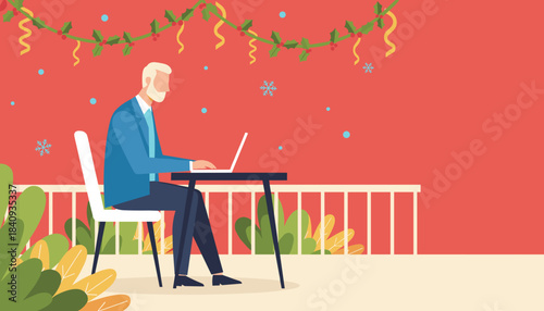 Senior businessman works on laptop in festive Christmas setting Holiday remote work illustration