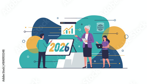 Corporate team plans 2026 business strategy analyzing growth data and global market goals