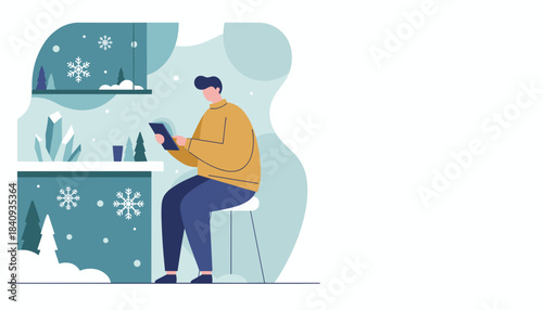 Casual man uses a tablet indoors during winter watching snow fall outside the window