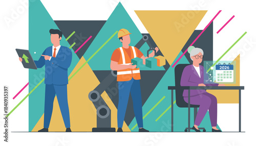 Strategy technology and industry diverse professionals collaborate on planning production and growth