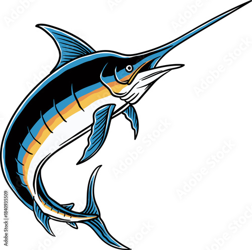 Powerful Marlin Fish Leaping Out of Water Illustration