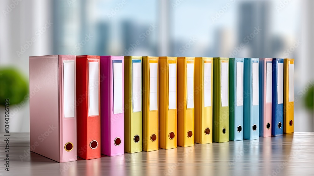Fototapeta premium Colorful Office Folders Organized on Wooden Desk in Bright-Style Workspace with Blurred Background