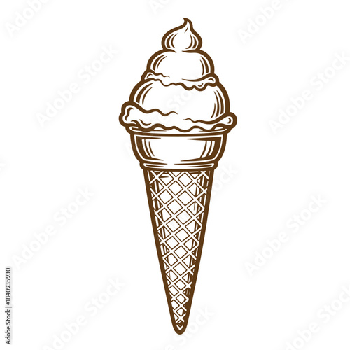 Detailed vintage sketch illustration of an ice cream cone dessert treat.