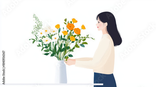 Woman arranging bouquet of colorful flowers in vase, showcasing serene and joyful expression. scene emphasizes beauty and creativity