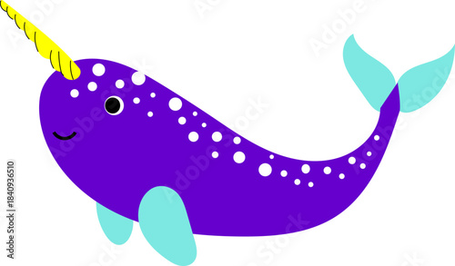 Cute Purple Cartoon Narwhal with Yellow Tusk
