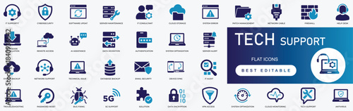 tech support flat icon set featuring customer service agent, 24/7 helpdesk hotline, online chat bot, and computer repair troubleshooting vector symbols.