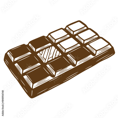 Hand drawn illustration of a delicious chocolate bar in sketch vintage style on white background