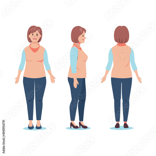Middle aged casual woman character. Constructor for animation. Front, side and back view set. Body parts, postures, poses collection. Vector illustration.