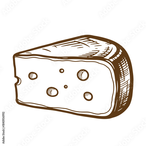 Hand drawn illustration of a wedge of cheese with holes on a white background