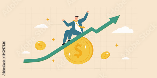 A businessman rides an arrow pointing upwards symbolizing financial growth and success