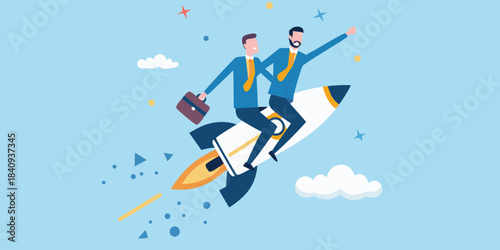 Businessmen riding a rocket ship symbolizing success growth and ambition
