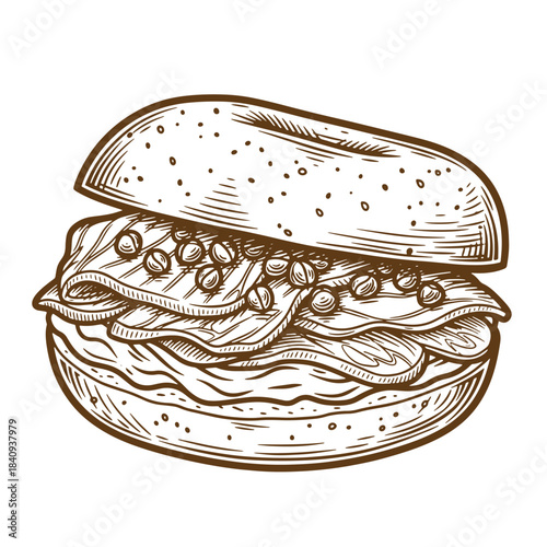 Hand drawn sketch style illustration of a delicious and appetizing gourmet sandwich