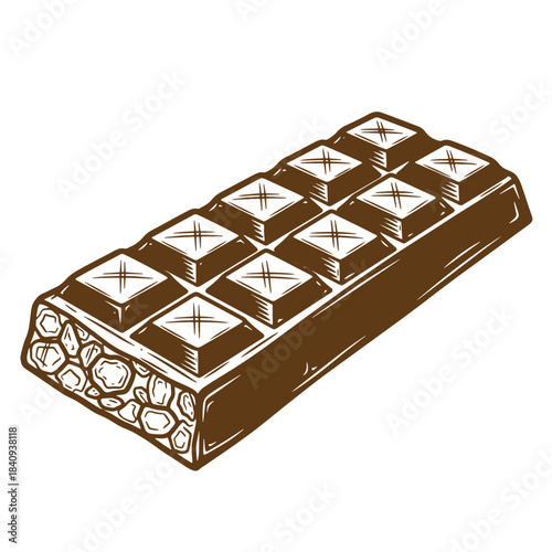 Hand drawn sketch style illustration of a delicious chocolate bar with nuts and crackers