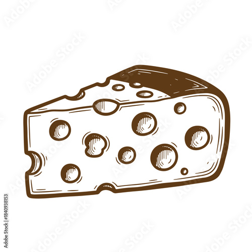 Hand drawn sketch style illustration of a delicious wedge of swiss cheese