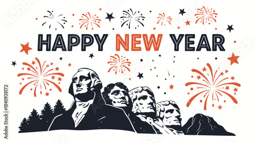 Happy New Year celebration with Mount Rushmore and fireworks