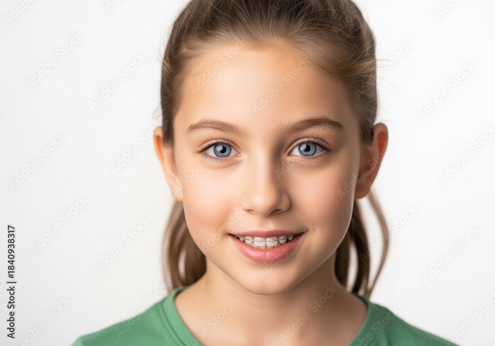 Fototapeta premium Happy preteen girl with orthodontic braces smiling confidently at the camera.