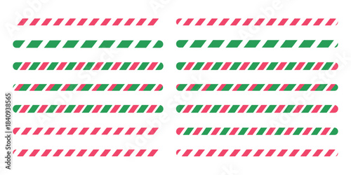 Christmas candy cane brushes in red, green, and white featuring spiral striped patterns, festive sweet border decorations, realistic vector elements, and holiday accents perfect for wrapping paper,