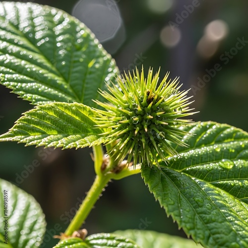 Close-up of a vibrant green seed head with spiky projections, nestled amongst lush, detailed foliage.