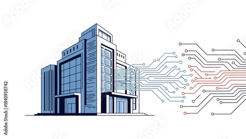 Modern building connected to a digital circuit board, representing technological integration and data flow