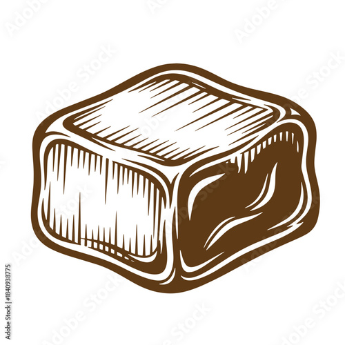 Hand-drawn sketch of a single brown candy cube in vintage engraved style