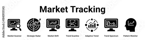Market Tracking web banner icon vector illustration concept for Business with icon of Market Scanner, Strategic Radar, Market Shift, Trend Scanline, Adaptive Trend, Trend Spectrum.