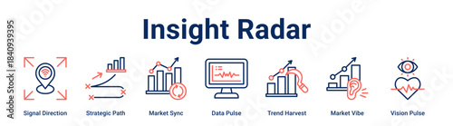 Insight Radar web banner icon vector illustration concept for Business with icon of Signal Direction, Strategic Path, Market Sync, Data Pulse, Trend Harvest, Market Vibe.