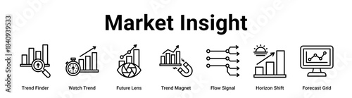 Market Insight web banner icon vector illustration concept for Business with icon of Trend Finder, Watch Trend, Future Lens, Trend Magnet, Flow Signal, Horizon Shift.
