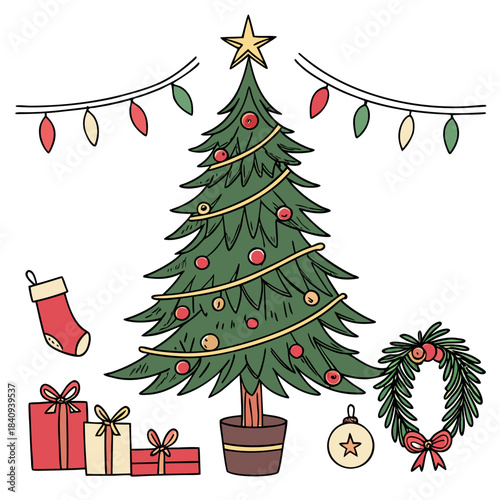 Christmas decorating ideas with a Christmas tree vector design on a white background