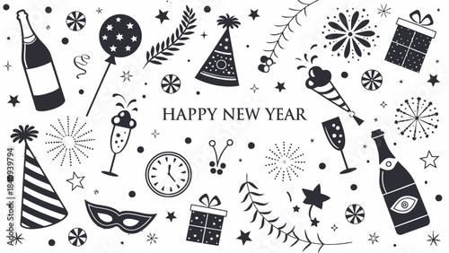 Happy New Year celebration icons with champagne and party hats