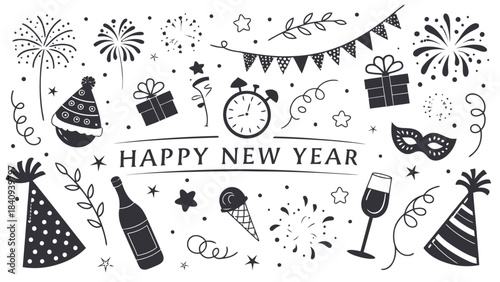 Happy New Year celebration elements with fireworks and gifts