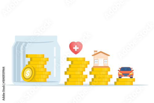 Illustration showing a piggy bank holding a gold coin, representing saving money for healthcare, home ownership, vehicle purchases, and long-term financial goals.
