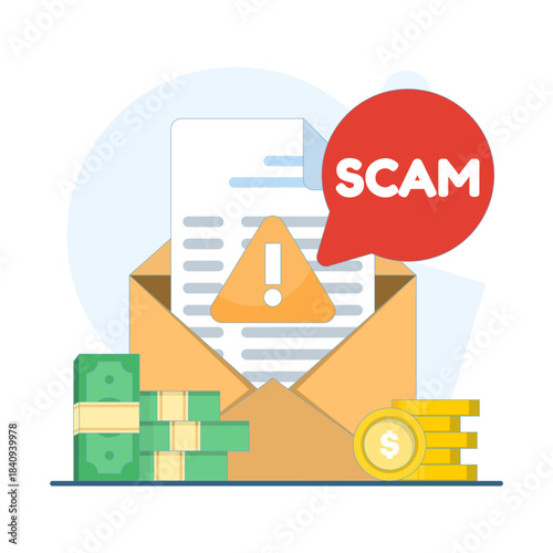 Vector illustration of email scam alert, symbolizing cybersecurity, phishing protection, online financial threats, and digital safety concepts.