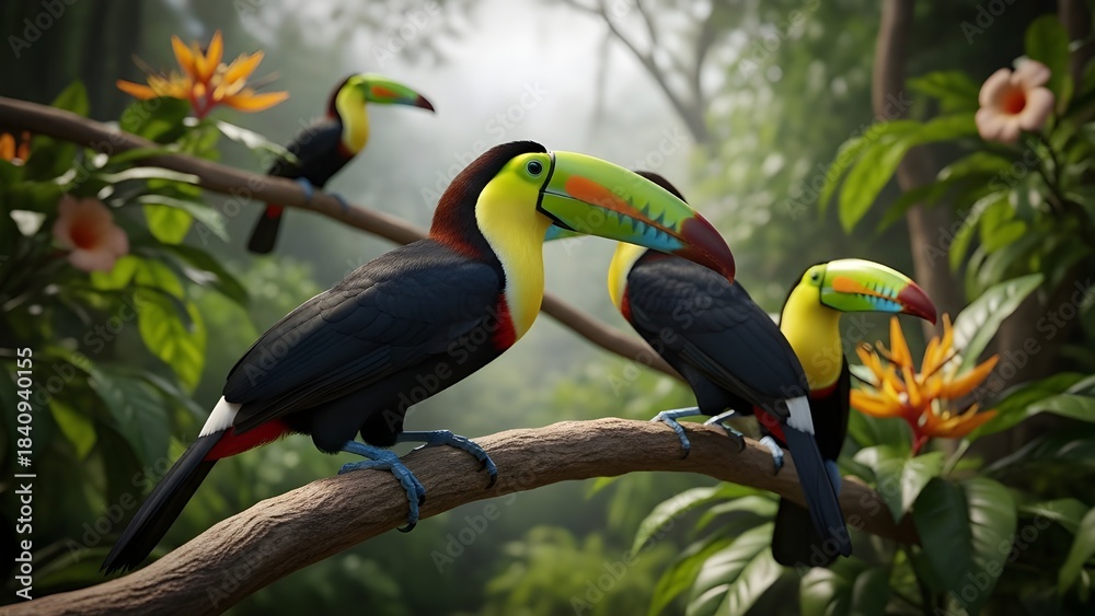 Fototapeta premium Yellow-Billed Toucan Perched on a Tree Branch in Tropical Forest