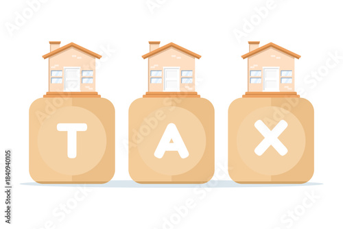 Illustration showing a tax box alongside a house, symbolizing property taxes, real estate tax payments, and homeowner financial responsibilities.