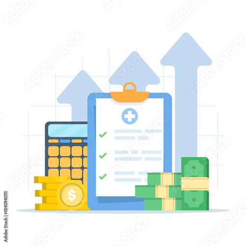 Flat vector illustration of healthcare spending with medical documents, calculator, and money, ideal for rising medicine costs, health expenses, and financial planning concepts.
