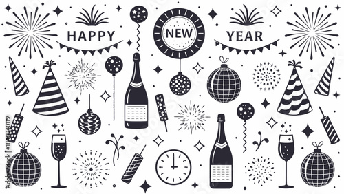 New Year's celebration elements with champagne and fireworks