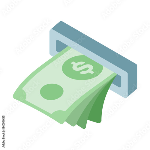 Illustration showing isometric ATM dispensing cash, symbolizing bank withdrawals, financial transactions, and self-service banking in a clean vector design.