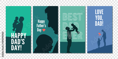 Fathers day greeting cards set with dad and child silhouettes