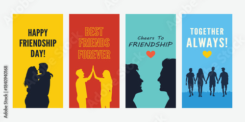 Colorful friendship day posters with silhouettes on